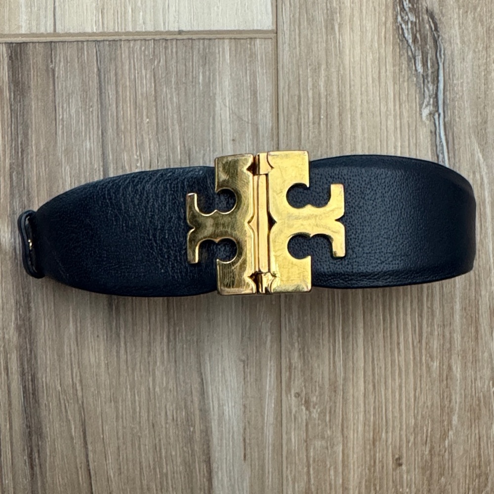 Tory Burch Black Leather Bracelet with Gold Buckle